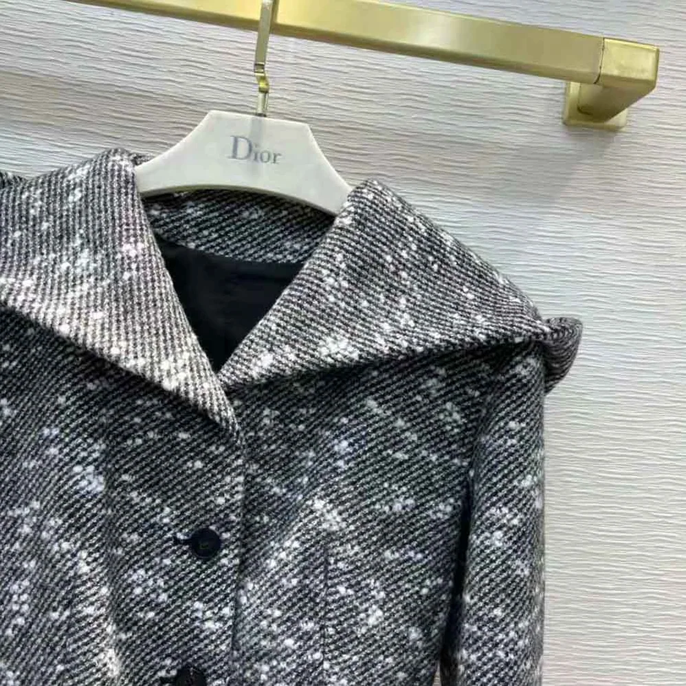 Dior Fitted Hooded Jacket Black and White Technical Wool Tweed and Silk for Women
