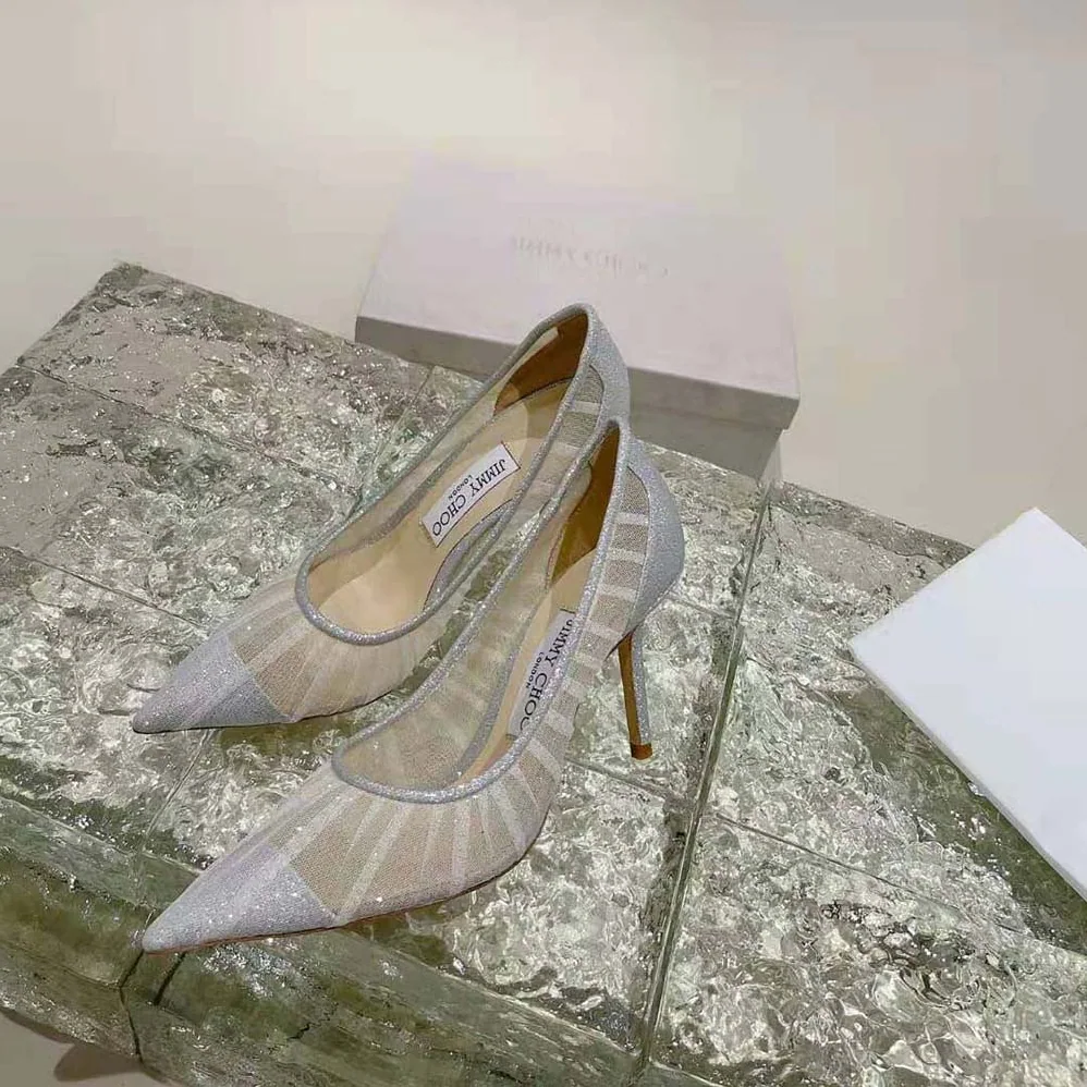 Jimmy Choo Love 100 Metallic Silver Glitter Fabric Pumps with Ivory Tulle Overlay for Women Jimmy Choo Love 100 Metallic Silver Glitter Fabric Pumps with Ivory Tulle Overlay for Women