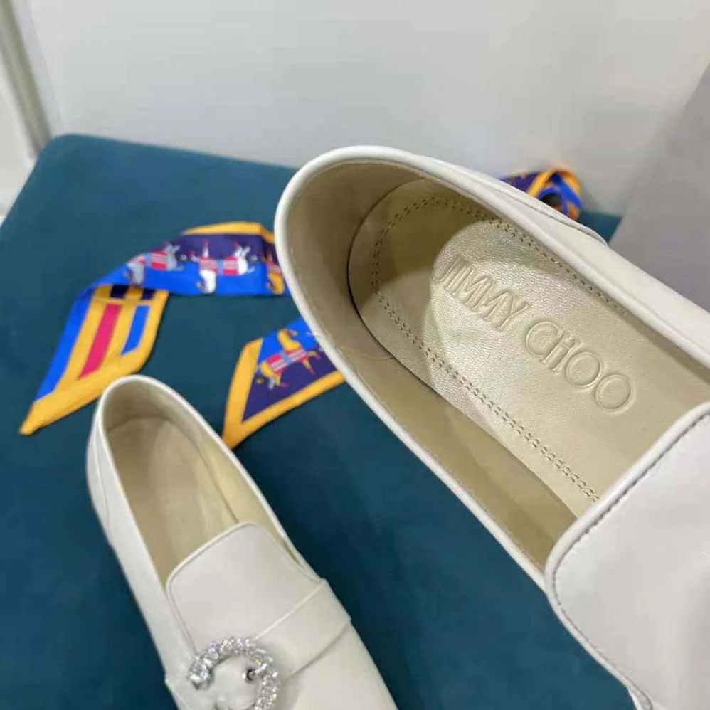 Jimmy Choo Mani Flat Latte Nappa Leather Loafers with Crystal Buckle for Women Jimmy Choo Mani Flat Latte Nappa Leather Loafers with Crystal Buckle for Women