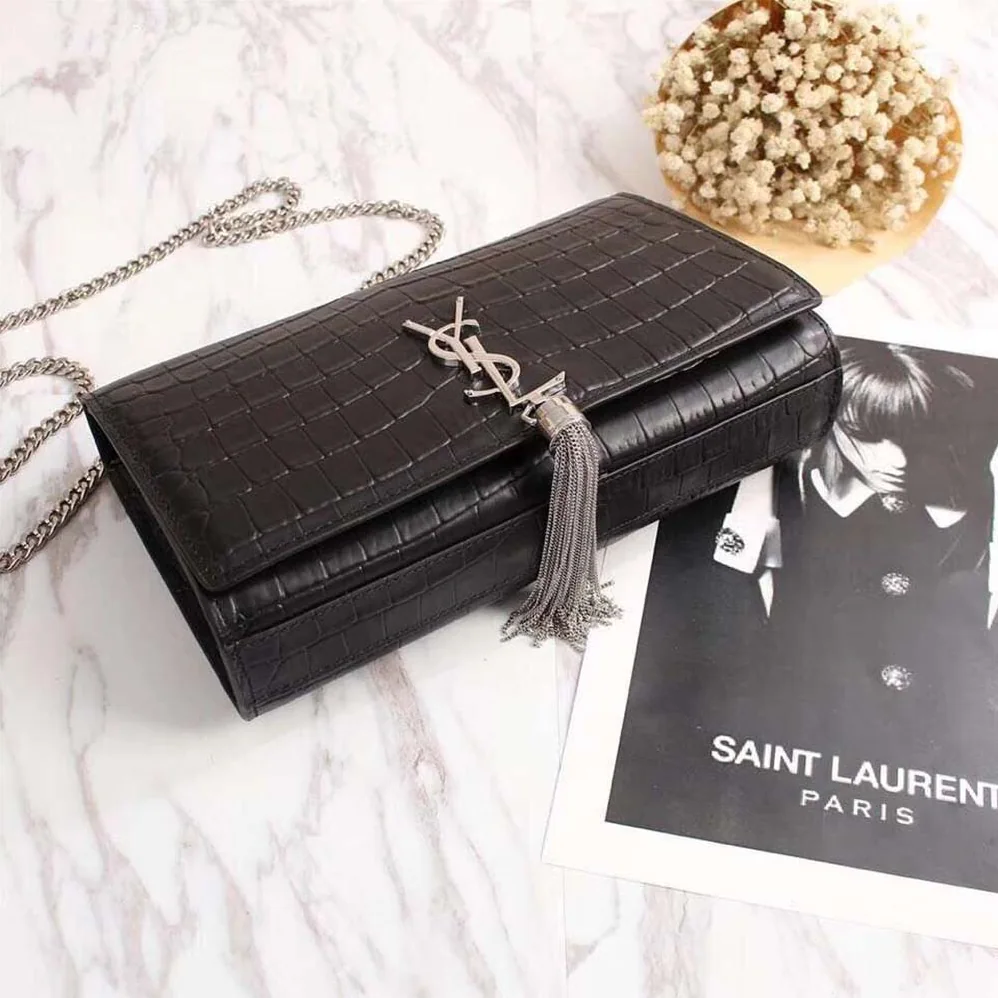 Saint Laurent YSL Kate Small Tassel Embossed Crocodile Shiny Calfskin for Women in Black