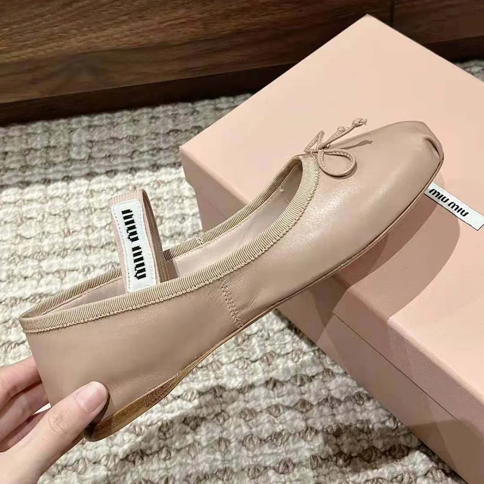 Miu Miu Leather Ballerinas with Fabric Logo Label for Women in Beige