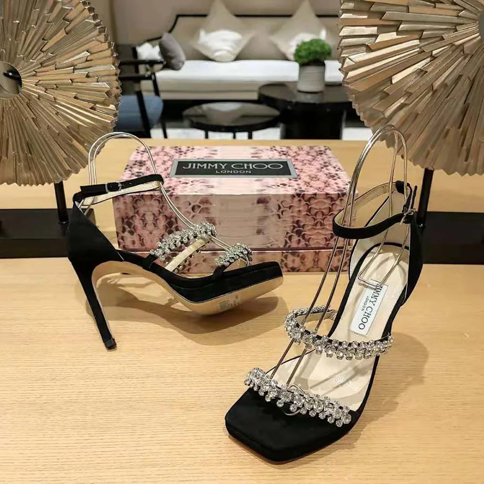 Jimmy Choo Bing Sandal 105 Black Suede Sandals with Crystal Straps for Women Jimmy Choo Bing Sandal 105 Black Suede Sandals with Crystal Straps for Women