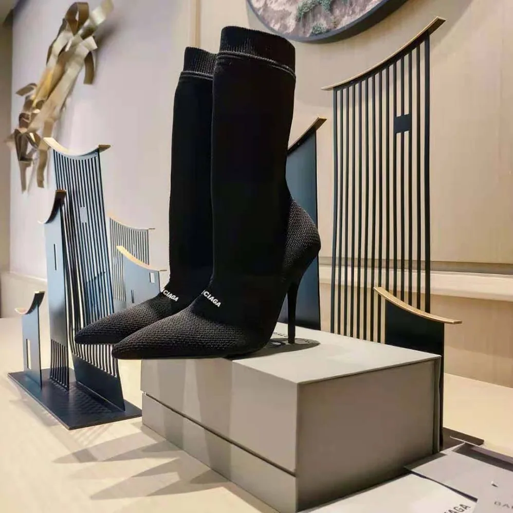 Balenciaga Knife 2.0 80mm Bootie in Black and White Textured Recycled Knit for Women Balenciaga Knife 2.0 80mm Bootie in Black and White Textured Recycled Knit for Women
