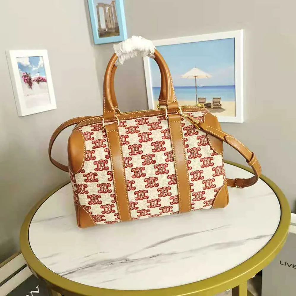 Celine Small Boston Bag in Textile With Triomphe Embroidery for Women