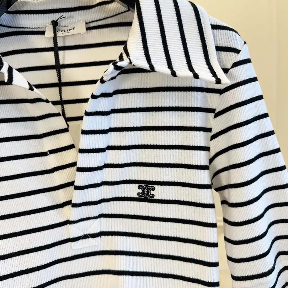 Celine Polo Shirt in Striped Silk Jersey for Women Celine Polo Shirt in Striped Silk Jersey for Women