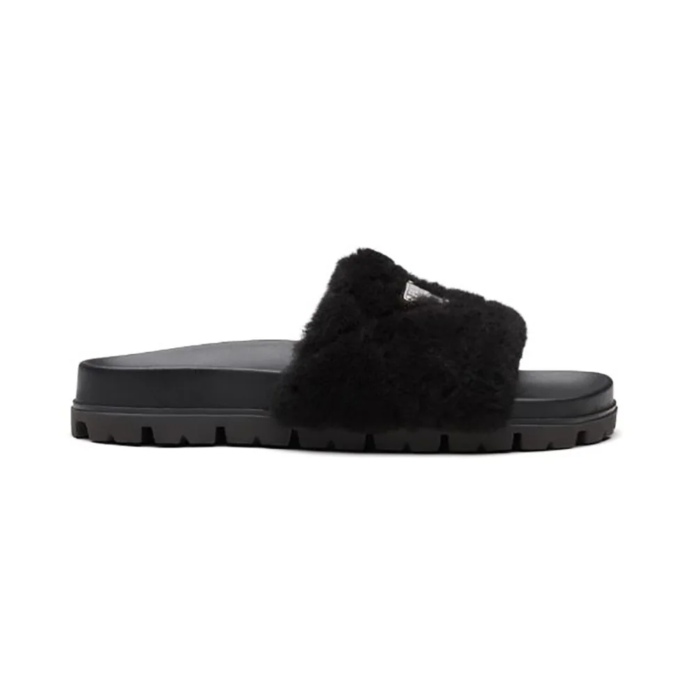 Prada Shearling Slides in 20mm Heel for Women in Black