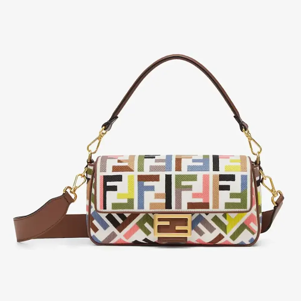 Fendi Baguette Canvas Bag with Multicolor FF Embroidery for Women