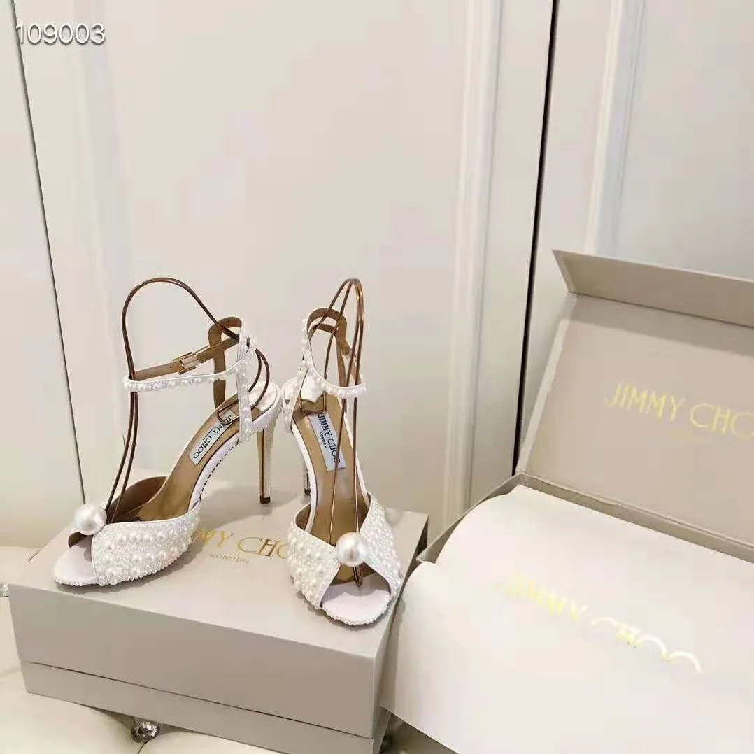 Jimmy Choo SACORA 100 White Satin Sandals with All Over Pearls for Women Jimmy Choo SACORA 100 White Satin Sandals with All Over Pearls for Women