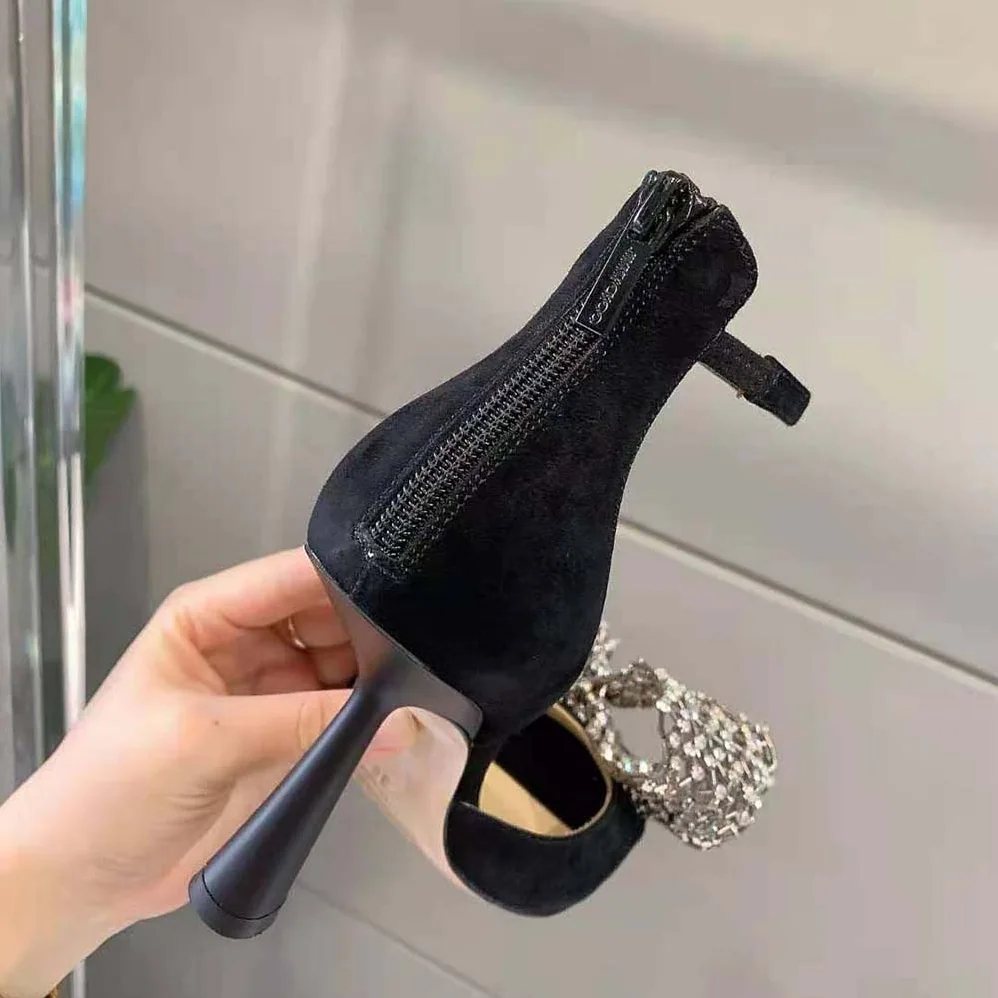 Jimmy Choo Mana 100 Black Suede Sandals with Crystal Bow Clasp for Women Jimmy Choo Mana 100 Black Suede Sandals with Crystal Bow Clasp for Women