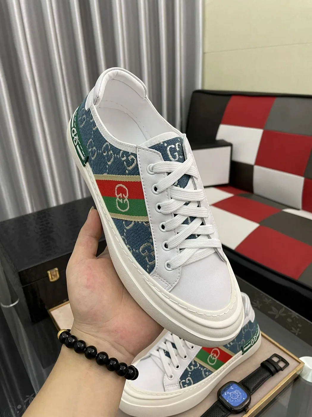 Gucci GG Embroidery Sneaker With Web White And Blue for Men
