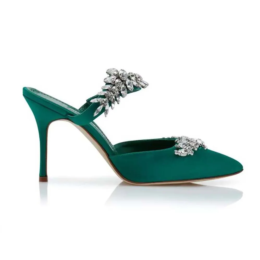 Manolo Blahnik Green Satin Crystal Embellished Mules for Women Manolo Blahnik Green Satin Crystal Embellished Mules for Women