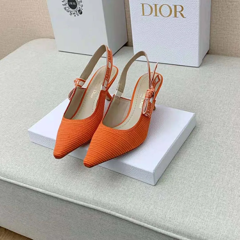 Dior J Adior Slingback Pump Bright Orange Cotton Embroidery for Women