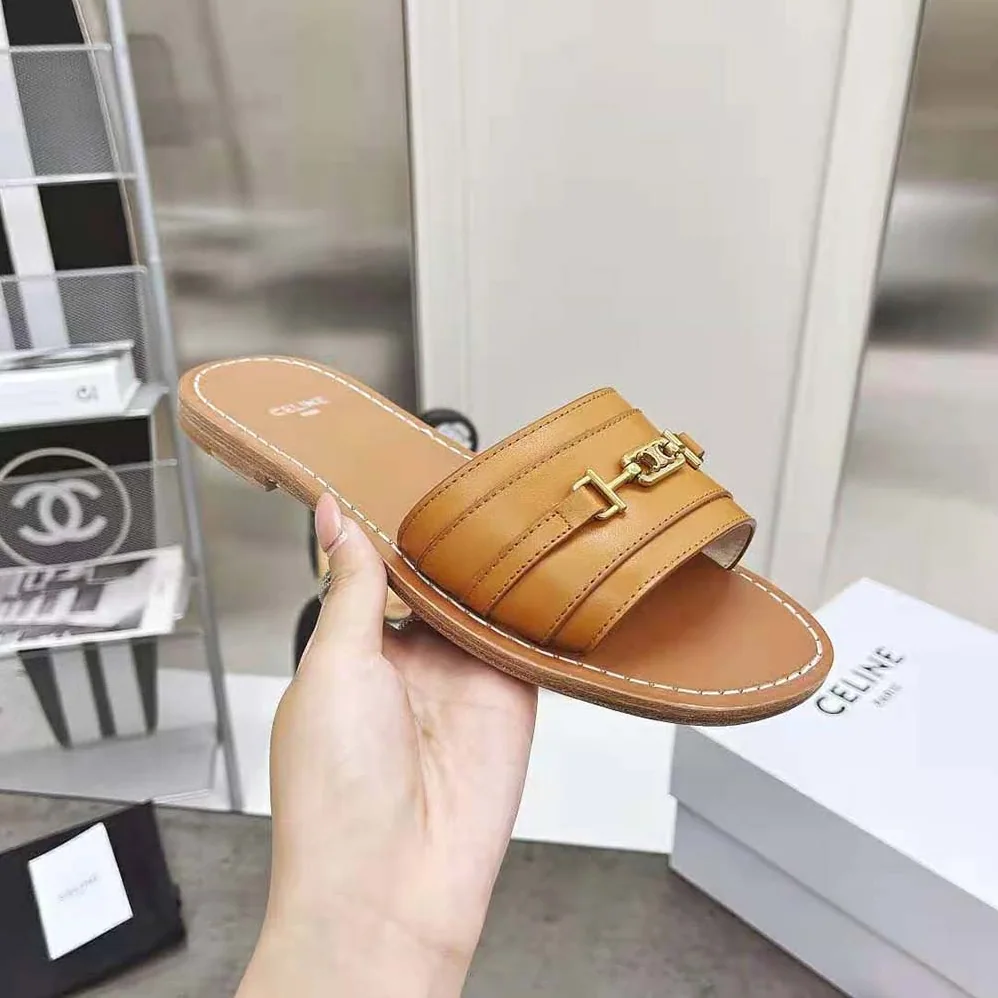 Celine Lerins Triomphe Slide in Vegetal Calfskin for Women in Brown