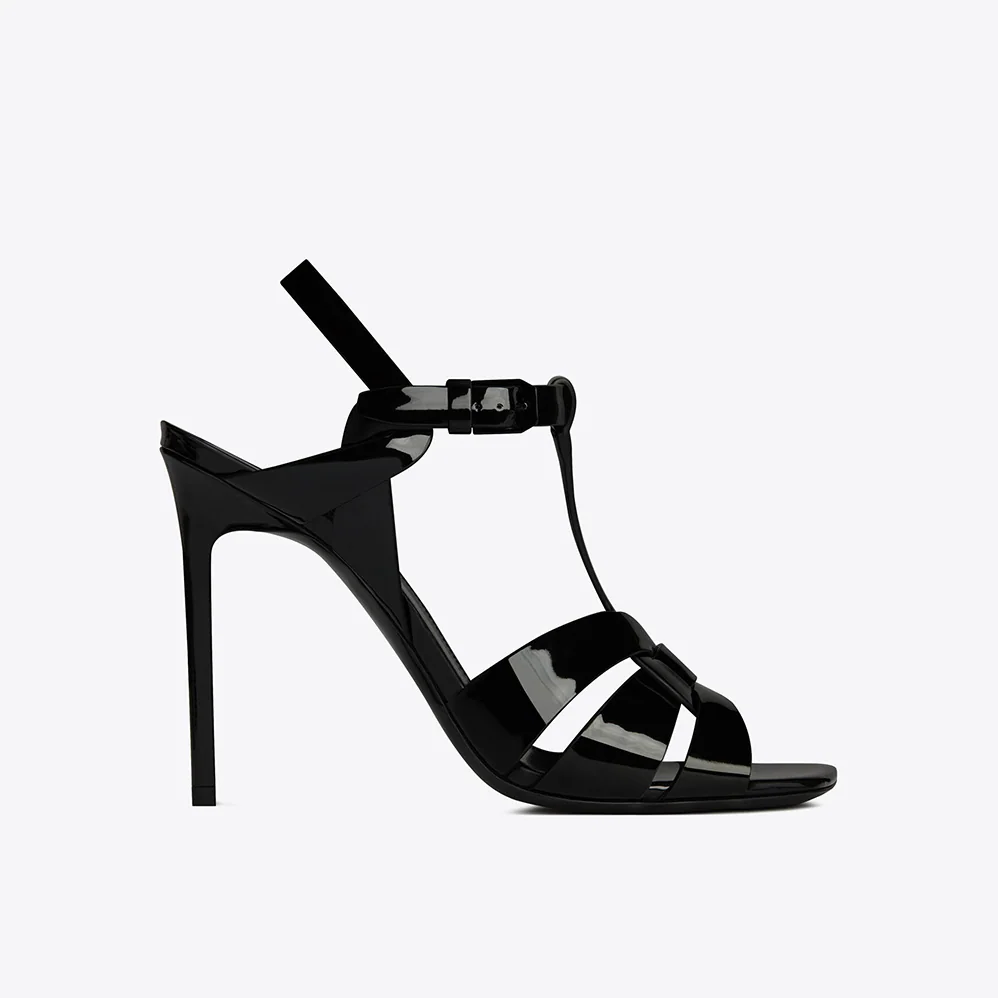 Saint Laurent YSL Tribute Sandals in Patent Leather in 105mm Heel Hight for Women in Black