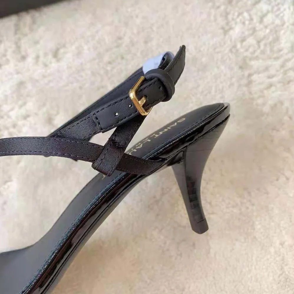 Saint Laurent YSL Cassandra Sandals in Silk Satin for Women in Black Saint Laurent YSL Cassandra Sandals in Silk Satin for Women in Black