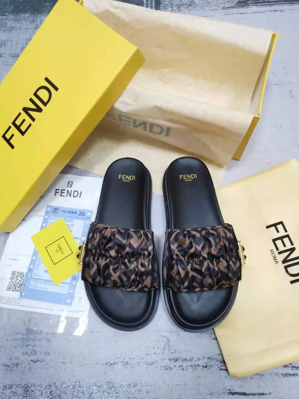 Fendi Feel Brown Satin Slides 8X8142AE7SF0R7V Fendi Feel Brown Satin Slides 8X8142AE7SF0R7V
