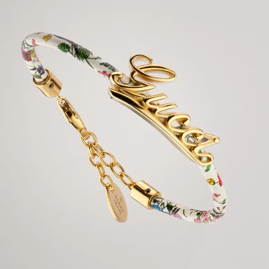 Gucci Leather Double Bracelet With Gucci Script White Tubular