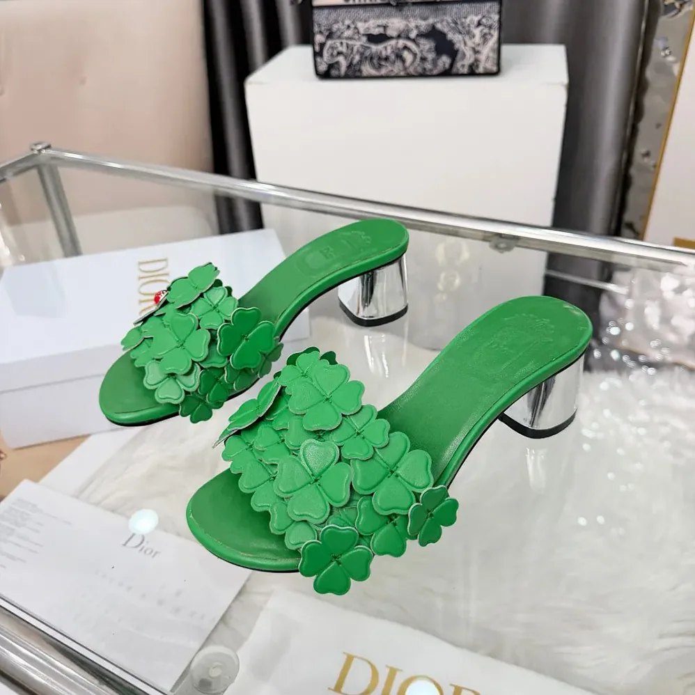 Dior Bloom Heeled Slide Green Dior Clover Embroidered Lambskin for Women Dior Bloom Heeled Slide Green Dior Clover Embroidered Lambskin for Women