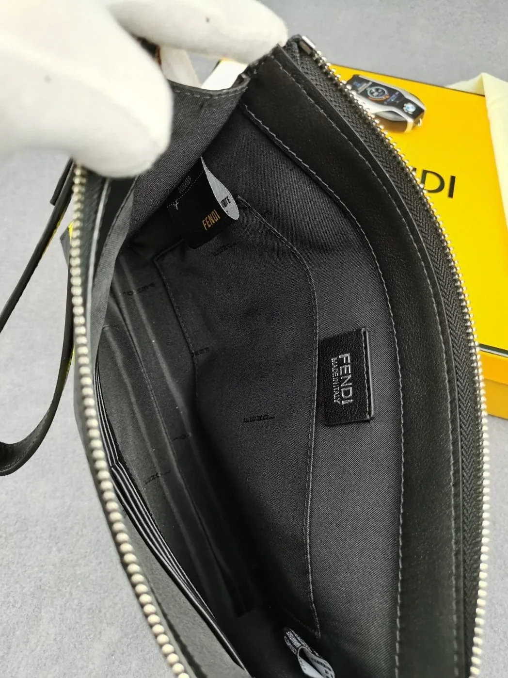 Fendi Flat Pouch Black Fabric Pouch Yellow Stripes / FF 7VA491A9XSF0R2A