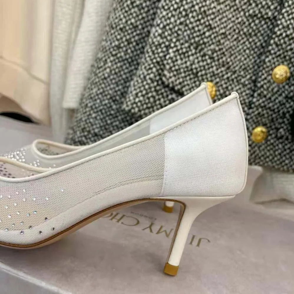 Jimmy Choo Love 85 White Mesh Pointed-Toe Pumps with Degrade Crystals for Women