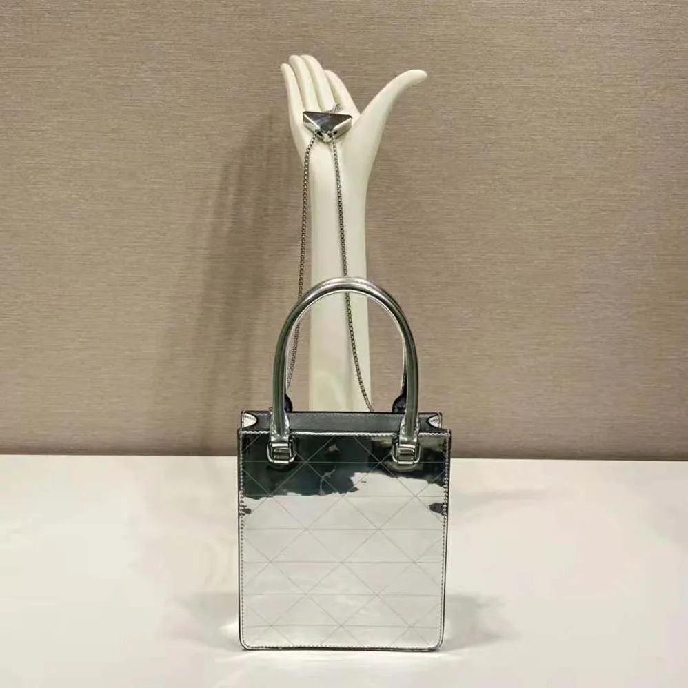 Prada Small Metallic Leather Tote Bag for Women in Silver Prada Small Metallic Leather Tote Bag for Women in Silver