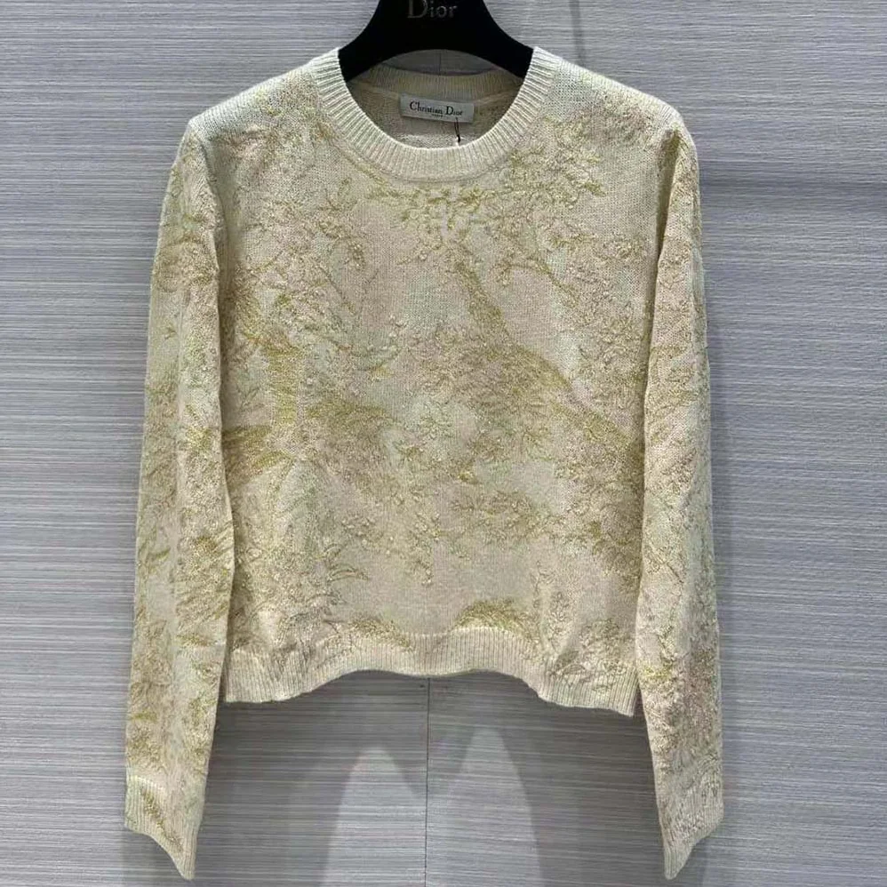 Dior Sweater Gold-Tone Technical Cashmere Knit Embroidered with Metallic Thread in a Dior Jardin D'Hiver Motif for Women