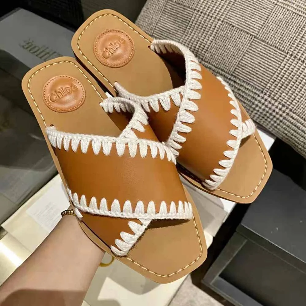 Chloe Woody Flat Slide for Women in Brown