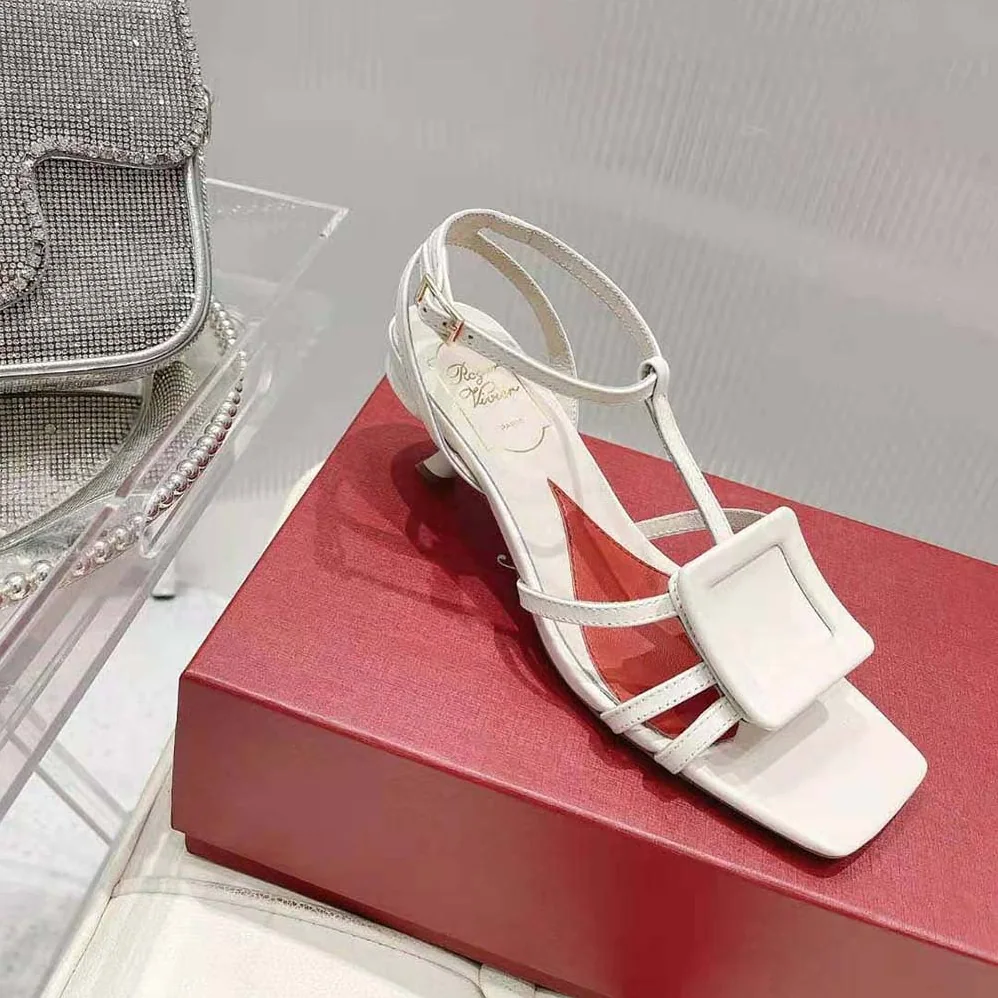 Roger Vivier Virgule Covered Buckle Sandals in Leather for Women in White Roger Vivier Virgule Covered Buckle Sandals in Leather for Women in White