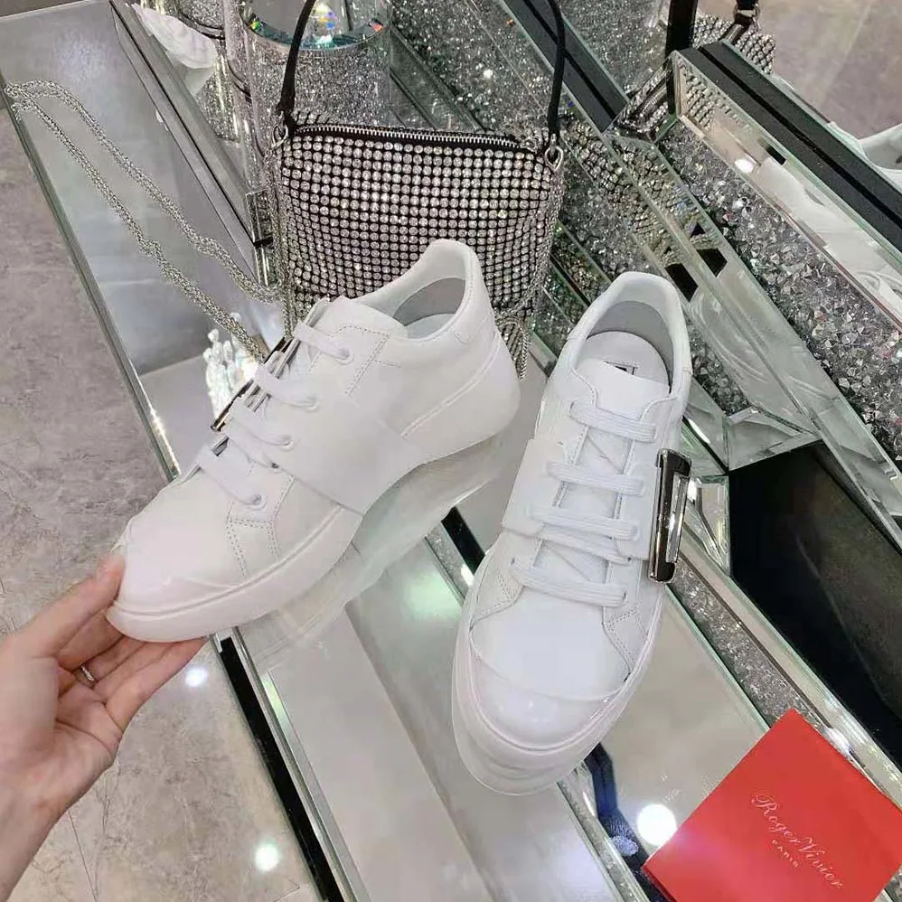 Roger Vivier Viv Skate Metal Buckle Sneakers in Soft Leather for Women in White