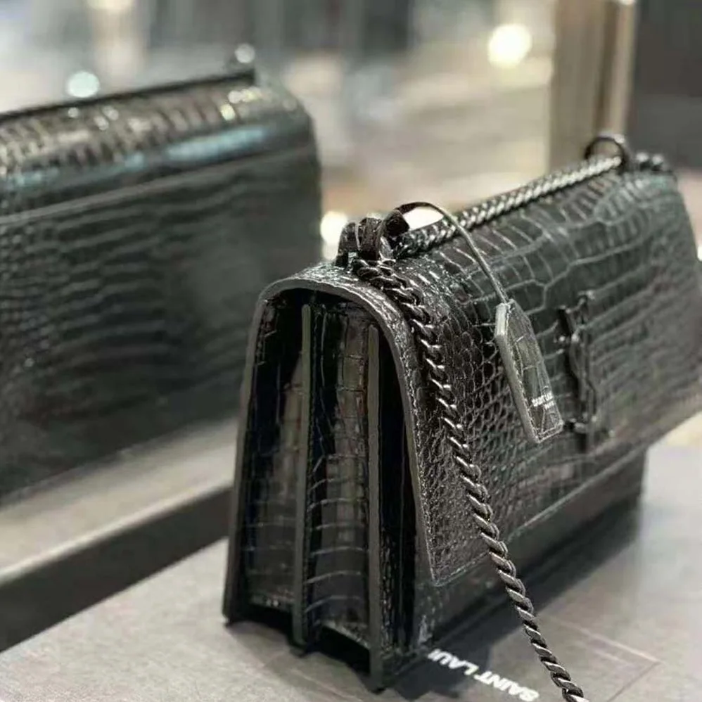 Saint Laurent YSL Sunset Medium in Crocodile Embossed Shiny Leather for Women in Black