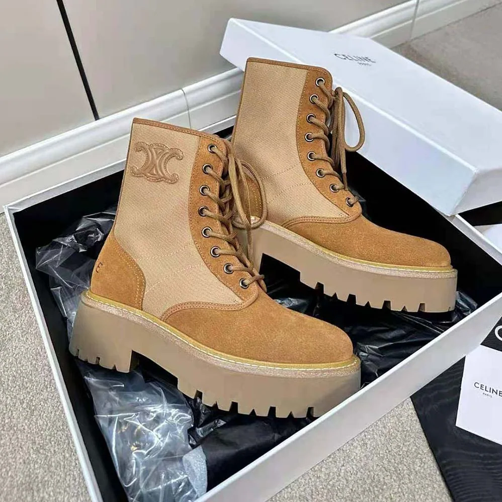 Celine Bulky Lace-up Boot with Triomphe in Nylon & Suede Calfskin for Women