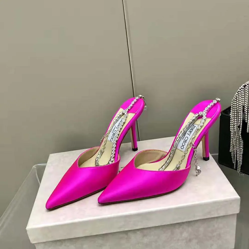 Jimmy Choo Saeda 100 Fuchsia Satin Pumps with Crystal Embellishment for Women Jimmy Choo Saeda 100 Fuchsia Satin Pumps with Crystal Embellishment for Women