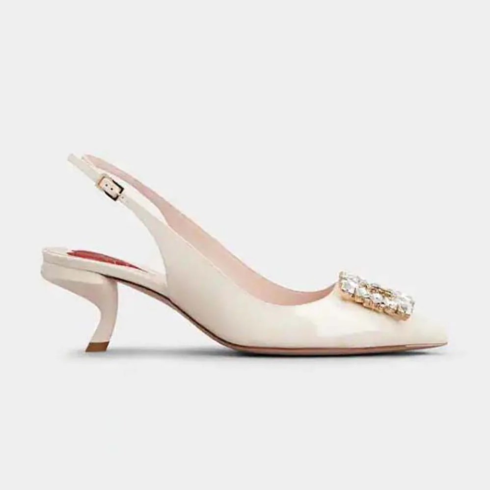 Roger Vivier Virgule Strass Buckle Slingback Pumps in Patent Leather for Women in White Roger Vivier Virgule Strass Buckle Slingback Pumps in Patent Leather for Women in White