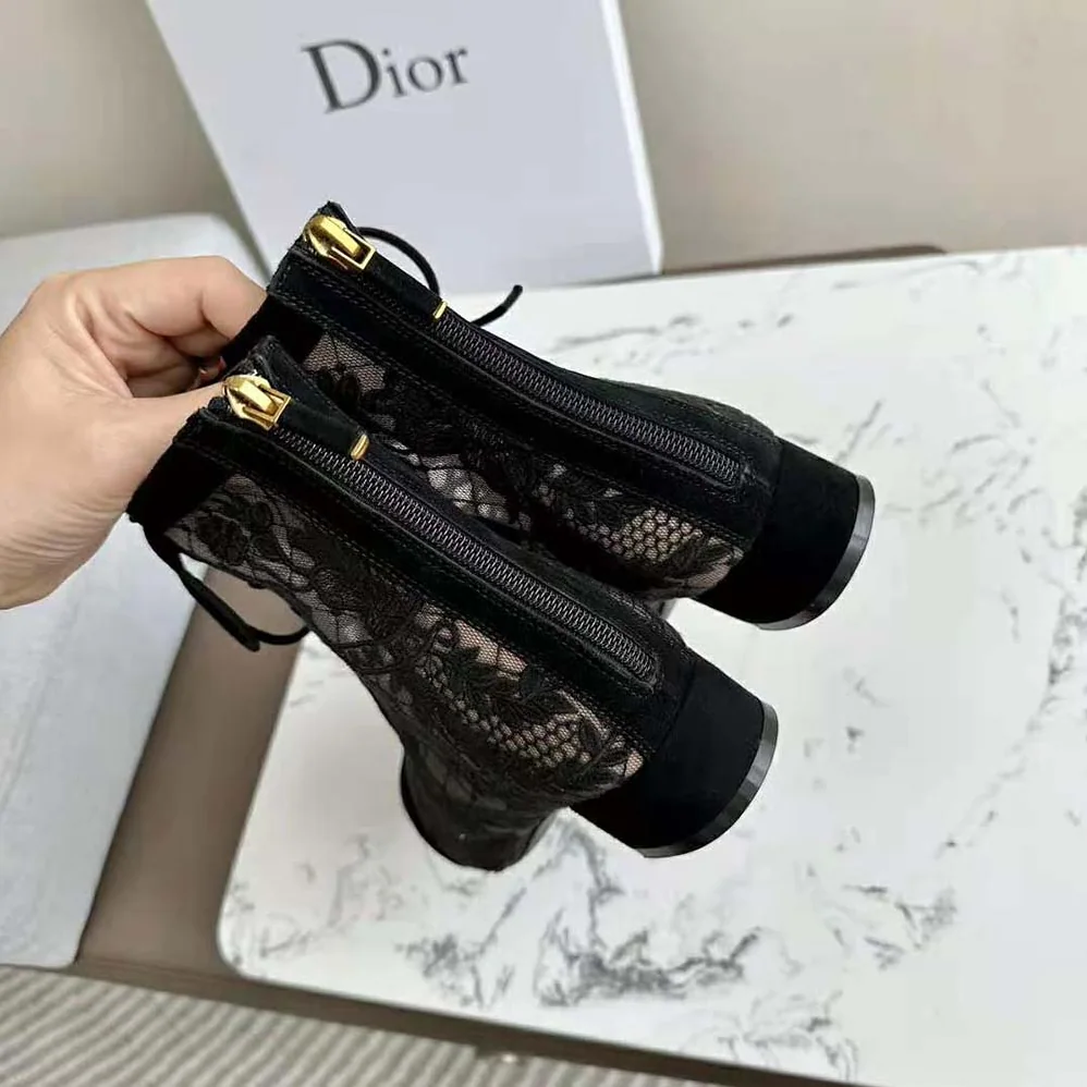 Dior Naughtily-d Ankle Boot Black Transparent Mesh and Suede Embroidered for Women