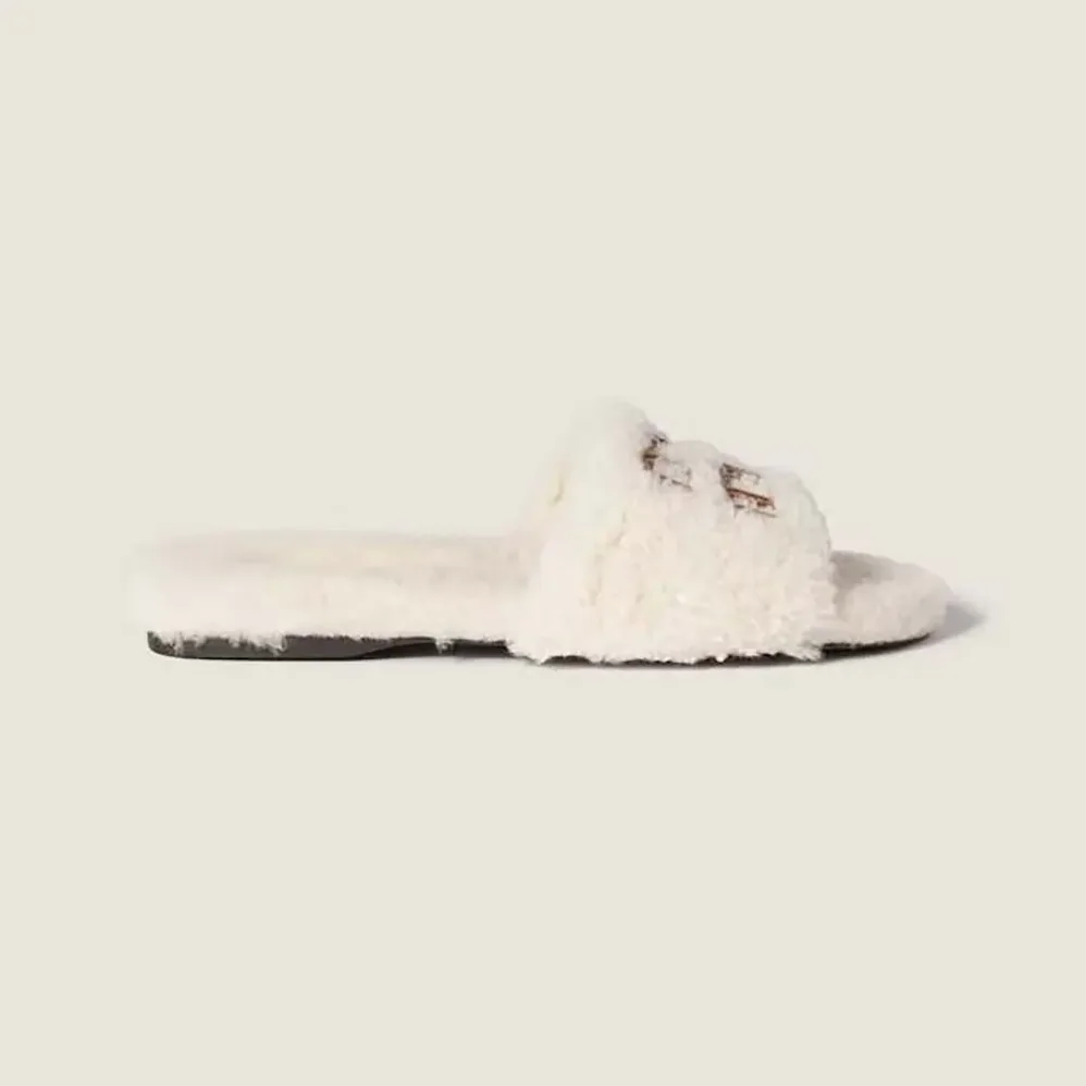 Miu Miu Shearling Slides with Leather Logo for Women