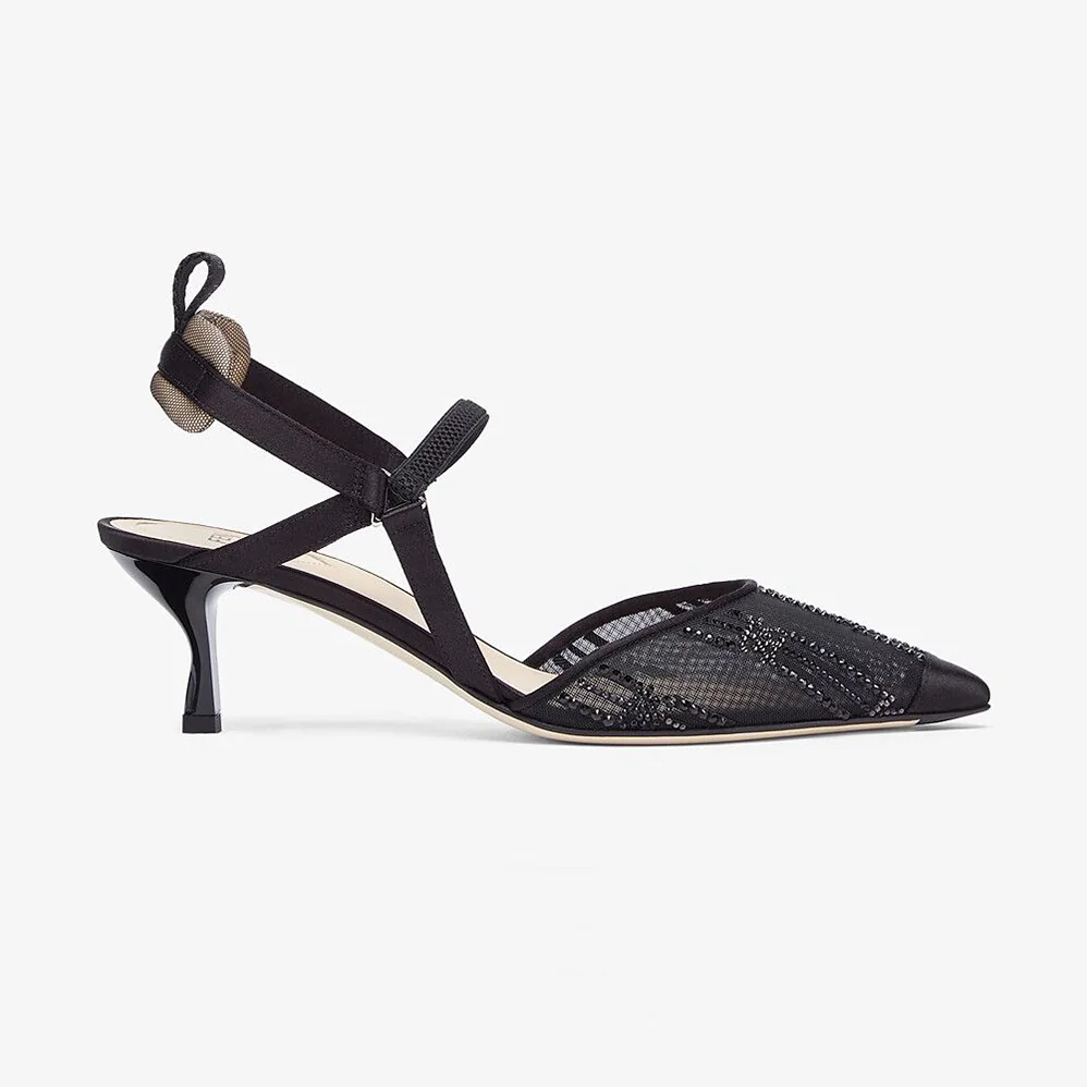 Fendi Colibri Medium Heel Slingbacks in Black Mesh with Rhinestone Embroidery for Women Fendi Colibri Medium Heel Slingbacks in Black Mesh with Rhinestone Embroidery for Women
