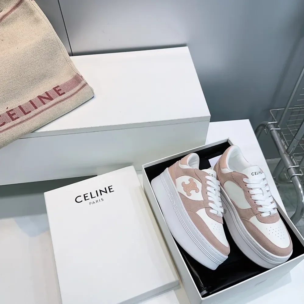 Celine Block Wedge Sneaker With Triomphe Patch In Calfskin And Suede Calfskin for Women in Pink
