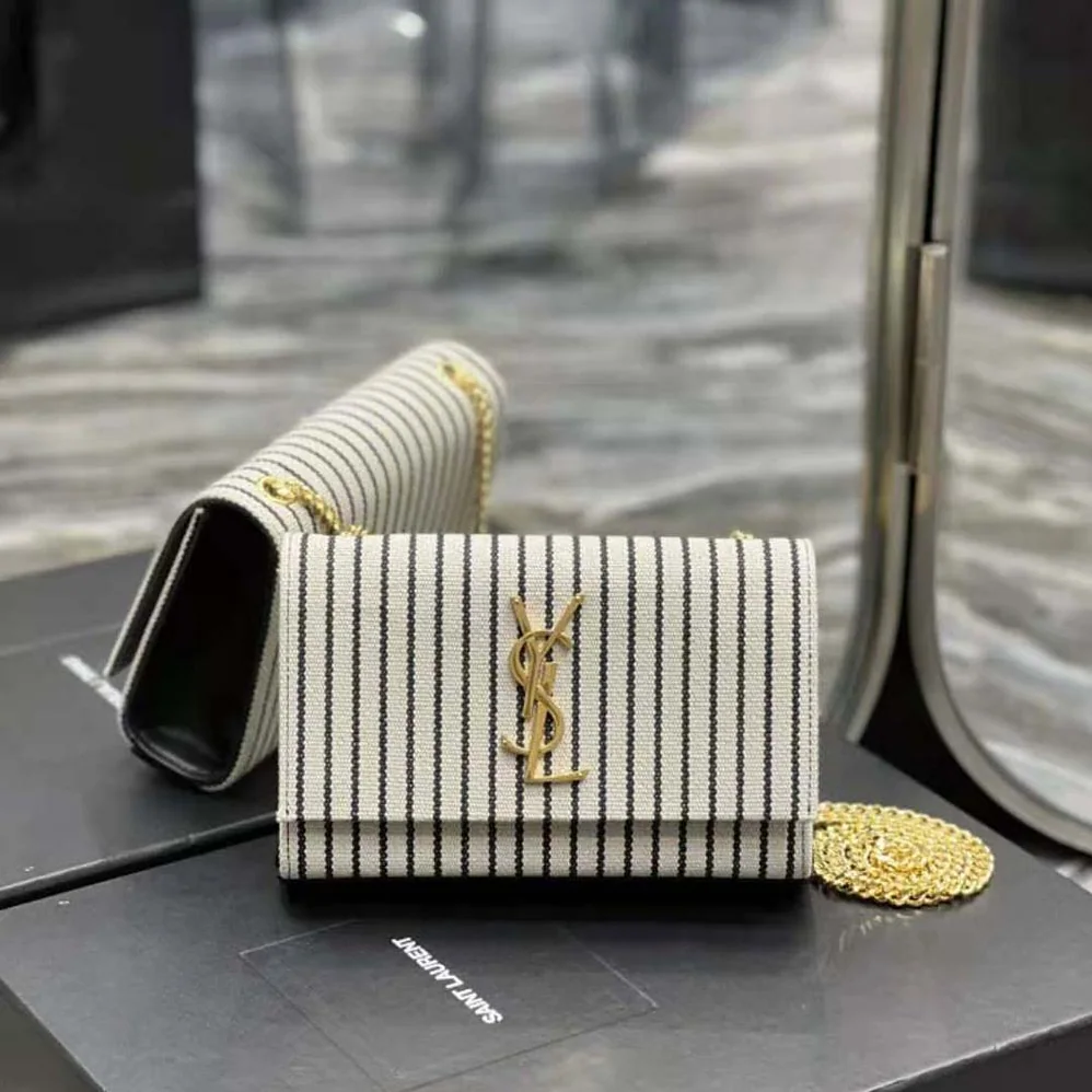Saint Laurent YSL Kate Small Chain Bag in Canvas and Smooth Leather for Women
