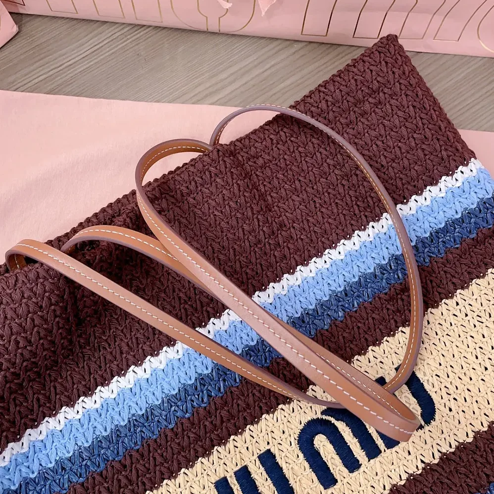 Miu Miu Raffia-Effect Woven Tote Bag for Women in Cocoa Brown/Celeste/Natural Miu Miu Raffia-Effect Woven Tote Bag for Women in Cocoa Brown/Celeste/Natural