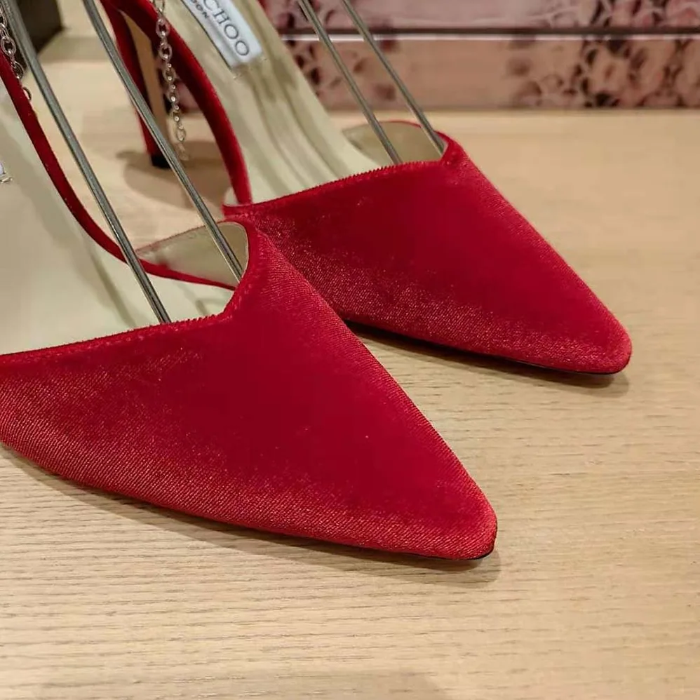 Jimmy Choo Saeda 85 Red Velvet Pumps with Crystal Embellishment for Women Jimmy Choo Saeda 85 Red Velvet Pumps with Crystal Embellishment for Women