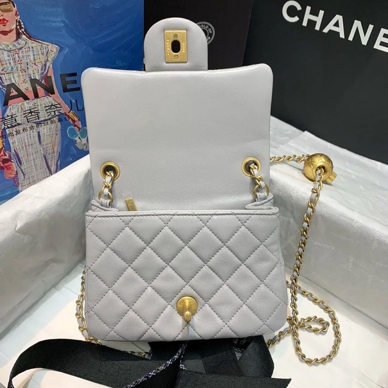 Chanel Classic Flap Bag With Charm Chain Mini Crossbody in Grey Gold Hardware
