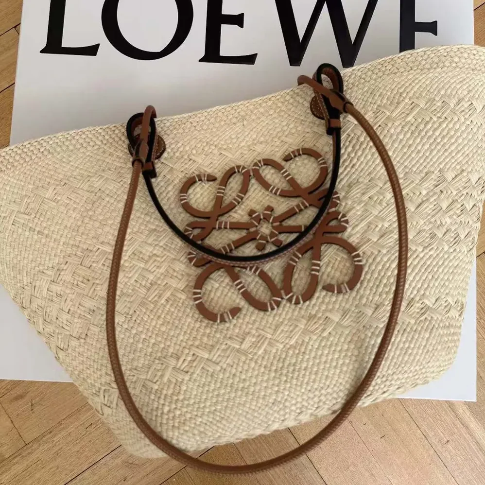 Loewe Large Anagram Basket Bag in Iraca Palm and Calfskin for Women