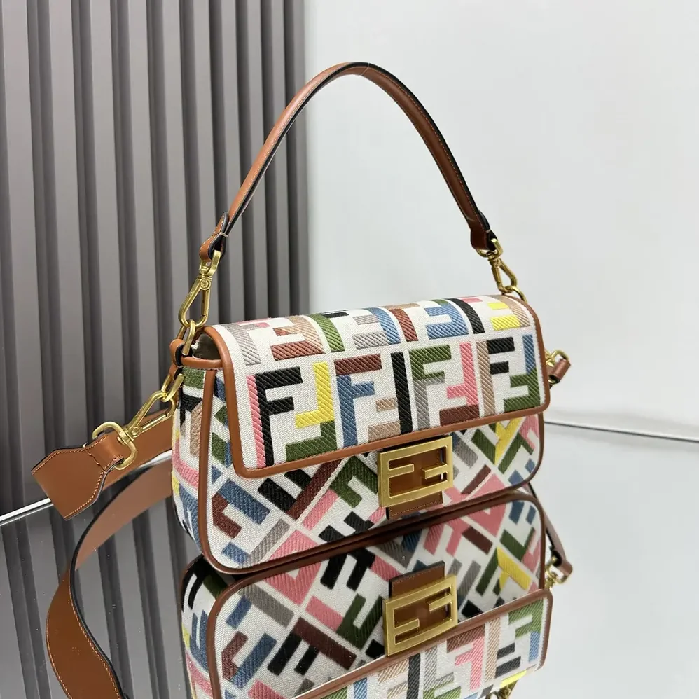 Fendi Baguette Canvas Bag with Multicolor FF Embroidery for Women