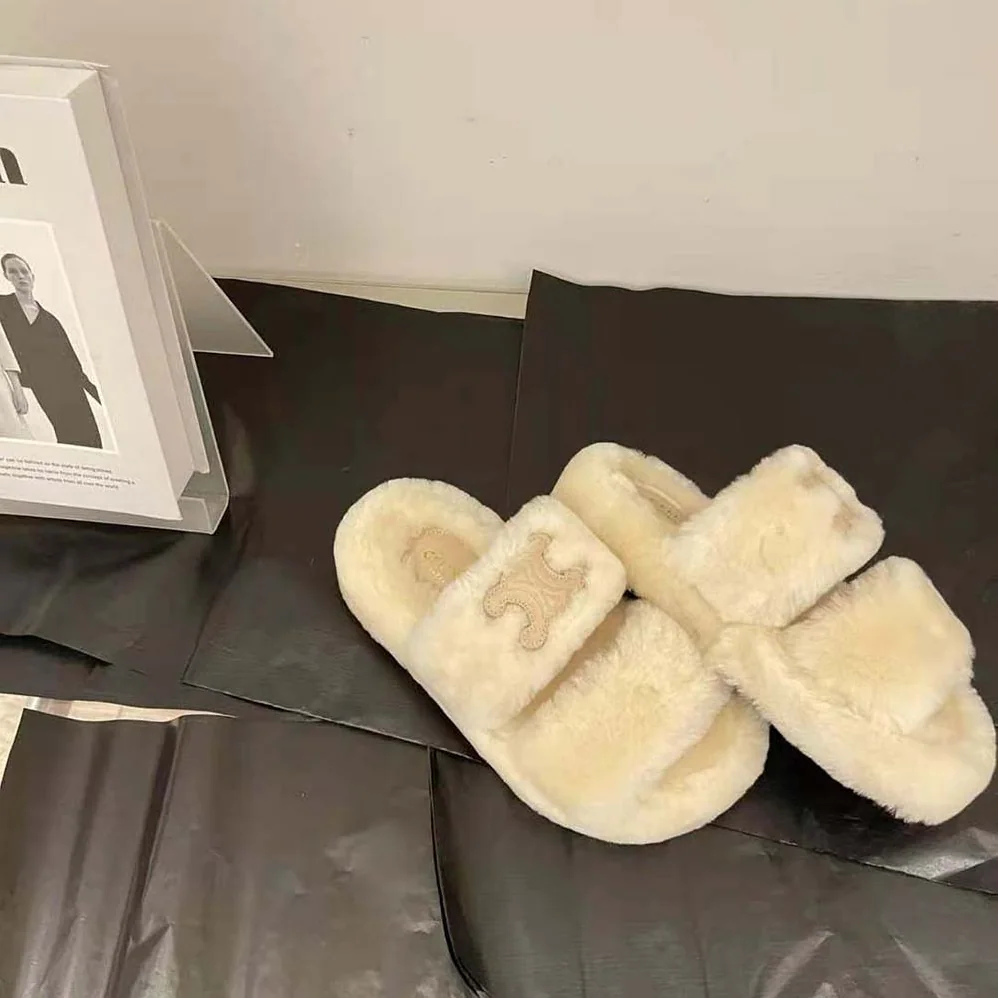 Celine Fur Slides Triomphe Open Slides in Shearling for Women