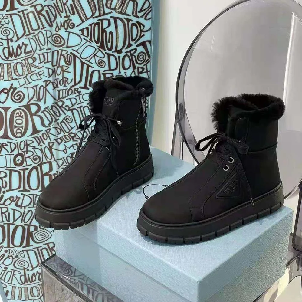 Prada Nylon Gabardine Lace-up Booties for Women in Black