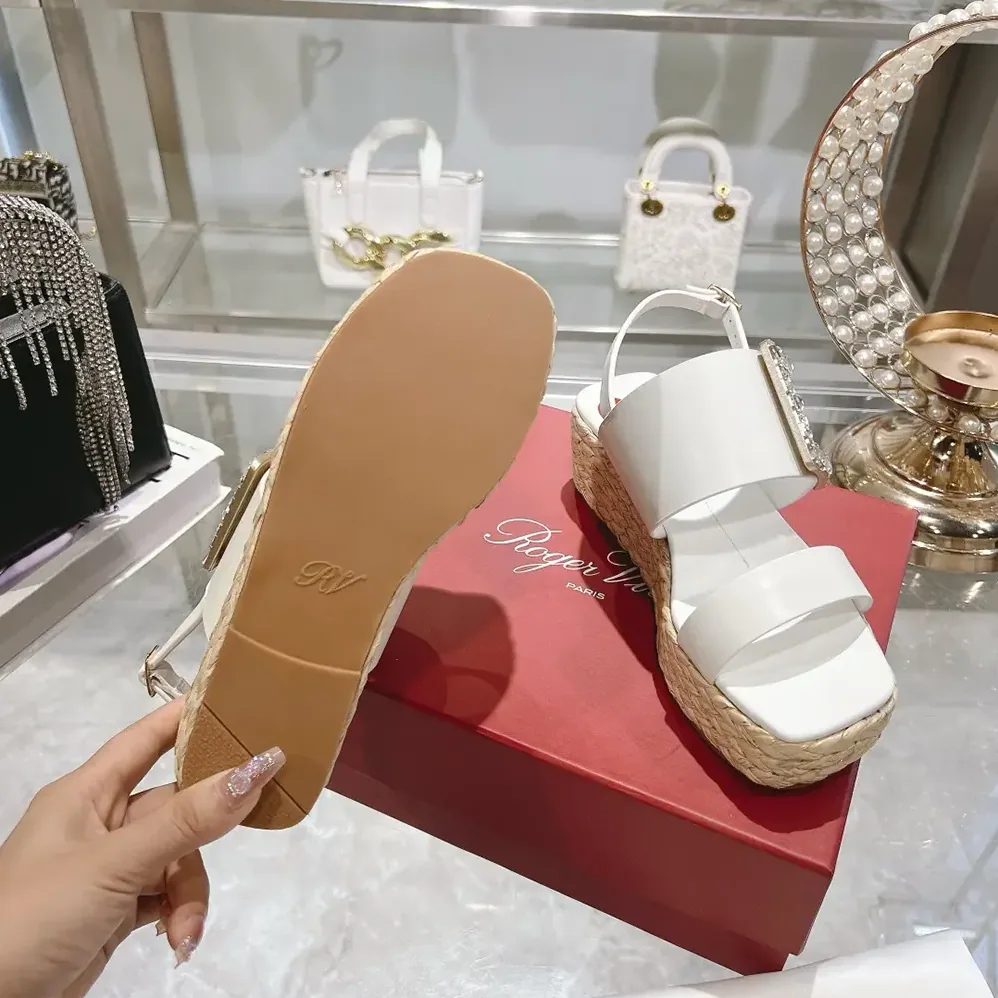 Roger Vivier Strass Buckle Raffia Wedge Sandals in Leather for Women Roger Vivier Strass Buckle Raffia Wedge Sandals in Leather for Women