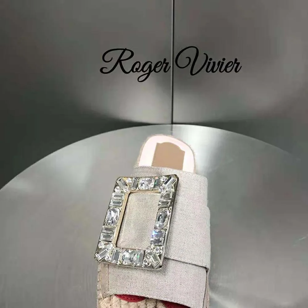 Roger Vivier Strass Buckle Espadrille Mules in Soft Leather for Women Roger Vivier Strass Buckle Espadrille Mules in Soft Leather for Women