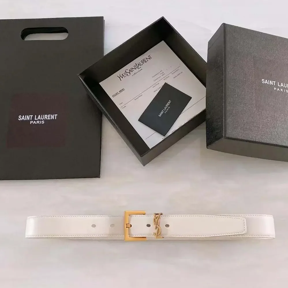Saint Laurent YSL Cassandre Thin Belt with Square Buckle in Lacquered Leather for Women in White Saint Laurent YSL Cassandre Thin Belt with Square Buckle in Lacquered Leather for Women in White