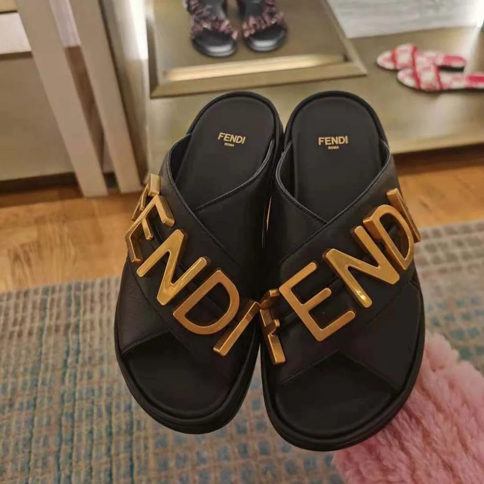 Fendi Fendigraphy Black Leather Slides for Women Fendi Fendigraphy Black Leather Slides for Women