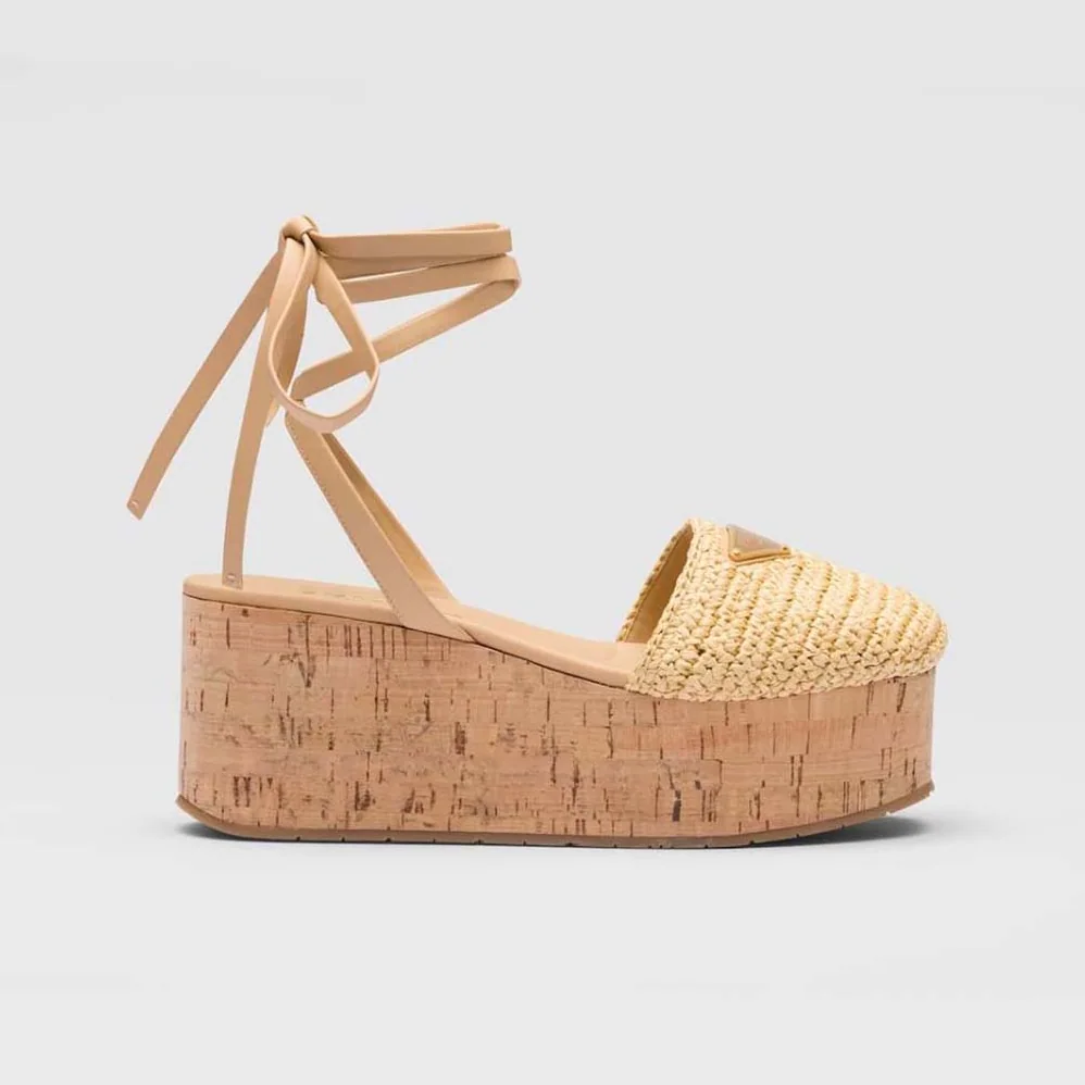 Prada Crochet Wedge Sandals with Enameled Metal Triangle Logo for Women in Beige Prada Crochet Wedge Sandals with Enameled Metal Triangle Logo for Women in Beige